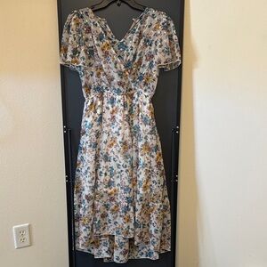 Zunie Cream Floral High-Low Midi Dress with Teal & Mustard Prints